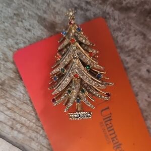 Festive Gold Christmas Tree Brooch with Colorful Accents